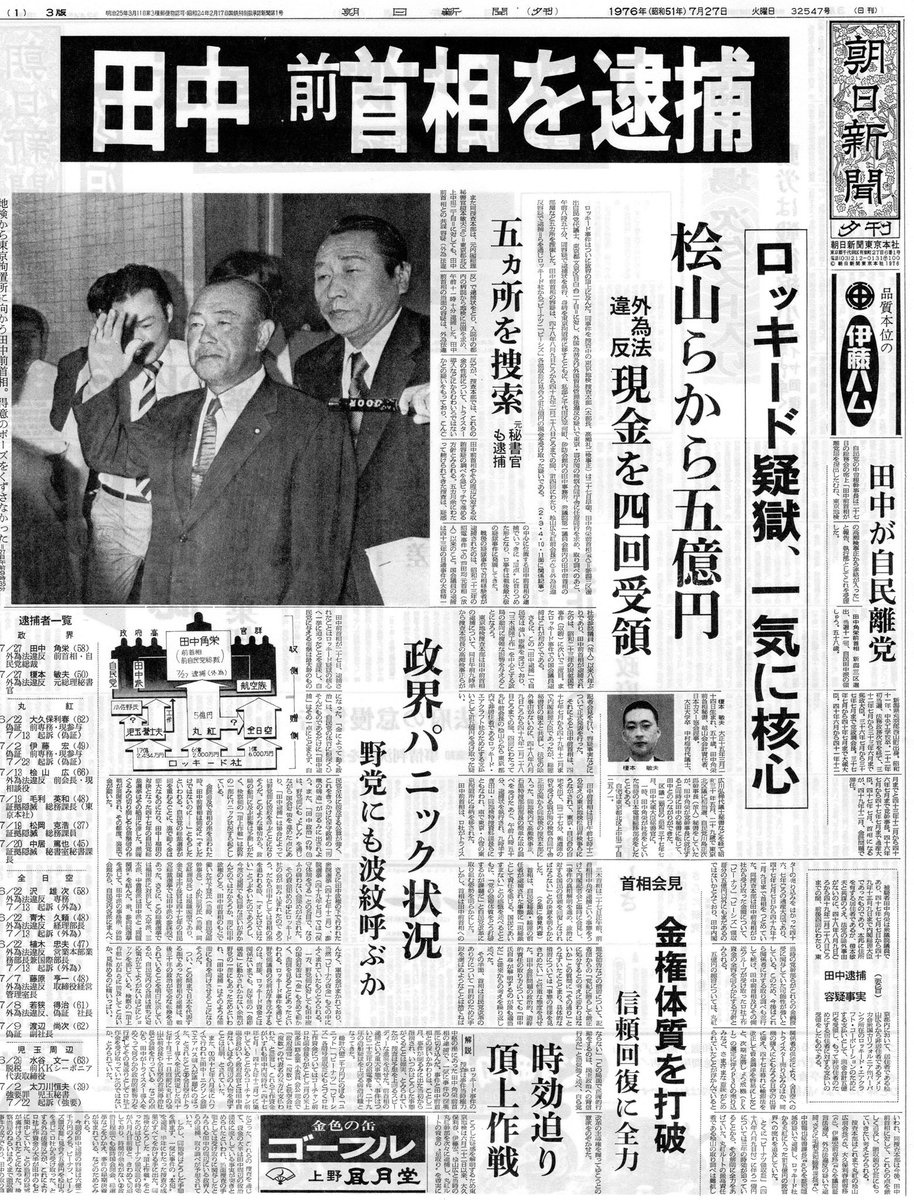 新聞記事の一面に「ロッキード疑獄、一気に核心」の見出しが書かれている